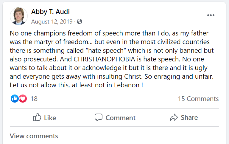 37. Her FB page is so full of onanistic self-citation it's hard to get to any actual views, but here are some views on  @mashrou3leila ("decadent perverts") & "Christianophobia":