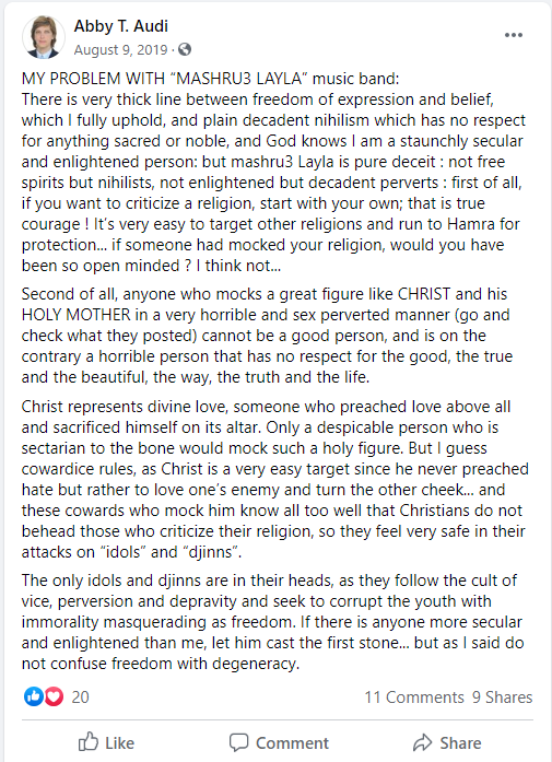 37. Her FB page is so full of onanistic self-citation it's hard to get to any actual views, but here are some views on  @mashrou3leila ("decadent perverts") & "Christianophobia":