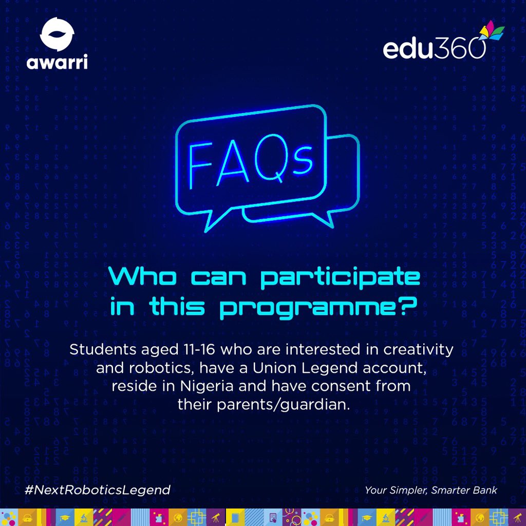 UNIONBANK_NG's tweet photo. All you need to know about the search for the next robotics legend. #Thread

This is a first-of-its-kind robotics training and competition for school students in Nigeria. 

#NextRoboticsLegend #Awarri #UnionBank #Robotics #MachineLearning #YourSimplerSmarterBank https://t.co/9lvUtuNcbo