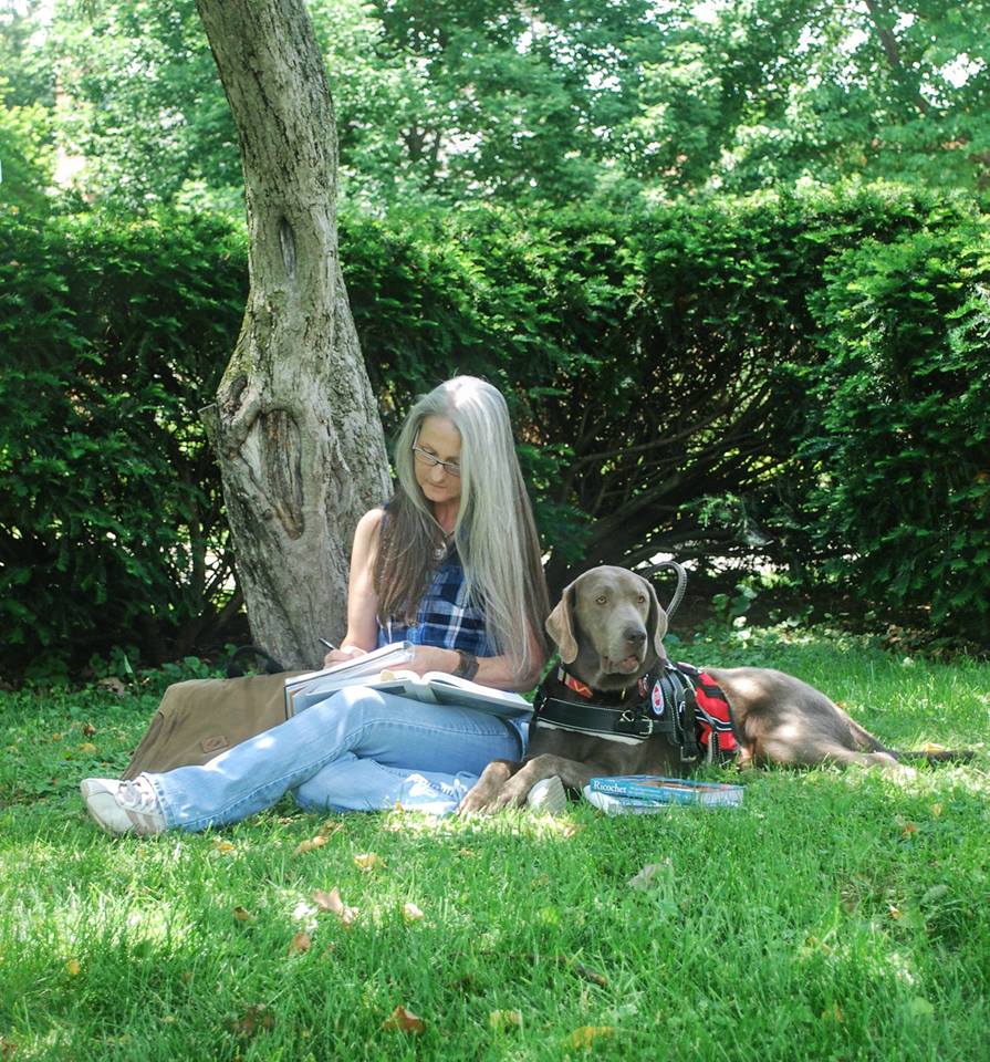 Theo helped Mom in the very beginning of her recovery & into college. He was the 1st in a Lab. He was w/ her when she gave her 1st talk. He helped her start advocating for other SD handlers in science. Mom said she wanted him to go w/ us everywhere. That is why I wear his picture