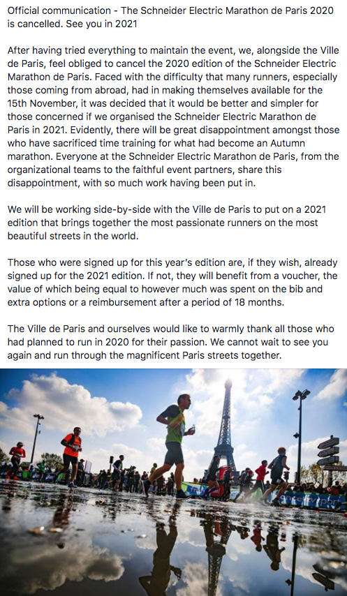 Communiqué officiel / Official communication

🇫🇷 Le Schneider Electric Marathon de Paris 2020 est annulé. Rendez-vous en 2021.

🇬🇧 The Schneider Electric Marathon de Paris 2020 is cancelled. See you in 2021.