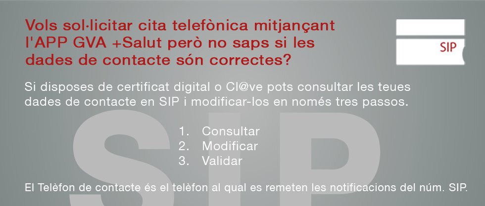 GVAsanitat's tweet photo. ☎️ Ara pots actualitzar el telèfon i mail del teu SIP a través de certificat digital punxant en https://t.co/3DXO5OhxXr

Aquesta informació és la que usa el personal mèdic, pediàtric o infermer per a contactar-te si demanes cita en l'APP GVA+Salut. https://t.co/BNmokbritb