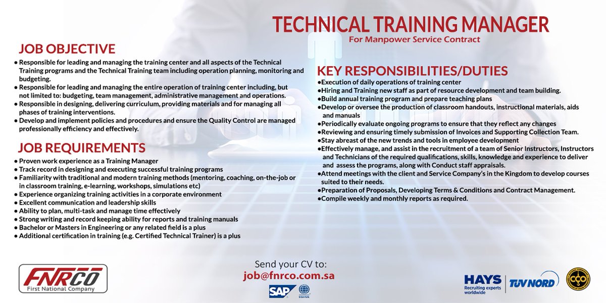 FNRCO_KSA's tweet image. We are hiring of Technical Training Manager.
Send your CV to job@fnrco.com.sa
#TechnicalTrainingManager #Training #trainingmodules #mentoring #coaching #Careers #recruitment #ksajobs #hiring