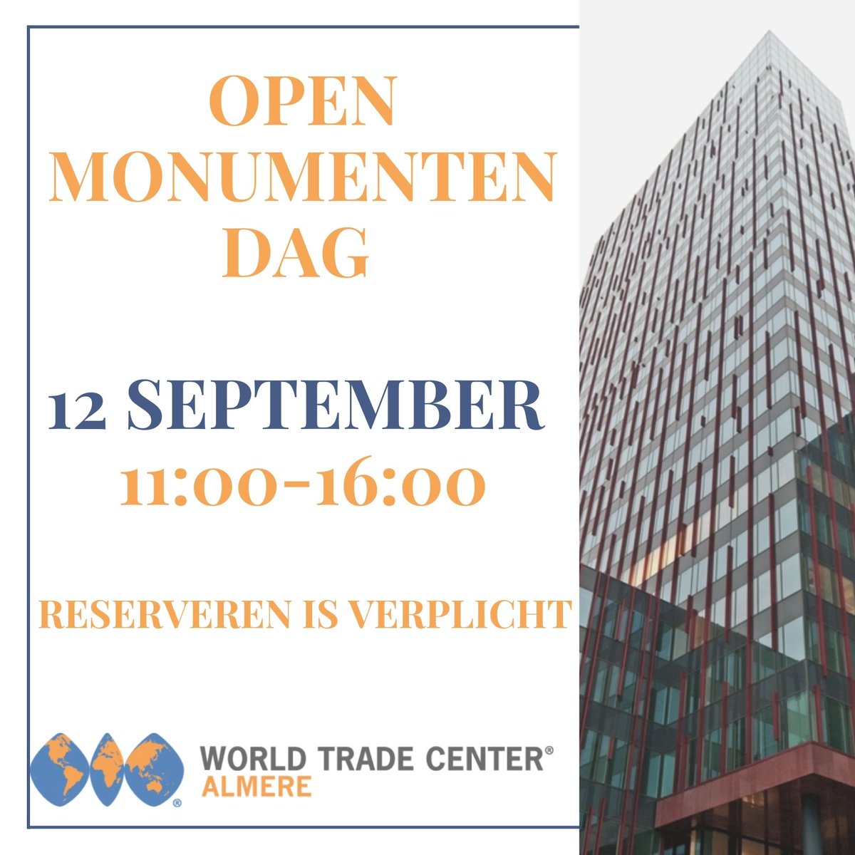 #OMDAlmere 
Kom genieten van ons prachtige uitzicht. 
Inschrijven kan via : 
openmonumentendag.nl/comite/almere/
#wtcalmere