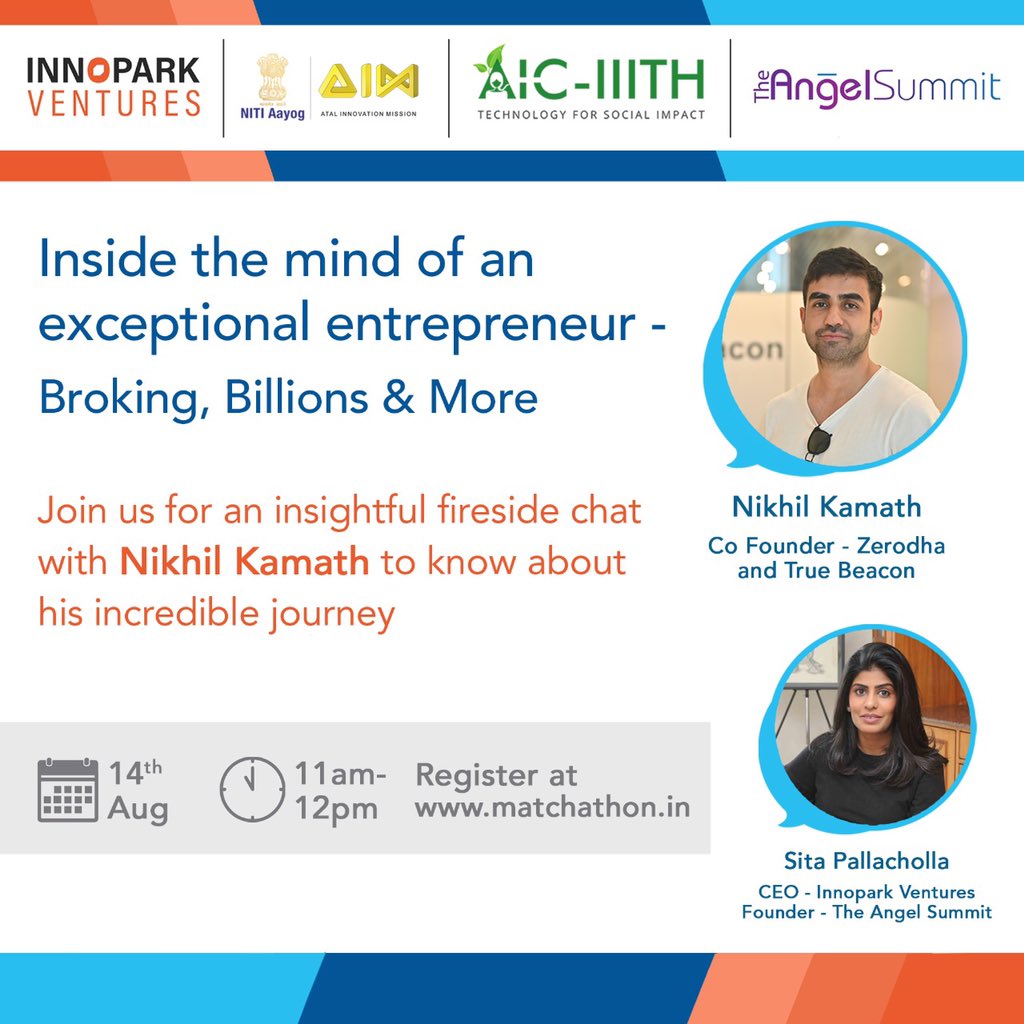 Looking forward to listening to <a href="/kamath_nikhil/">Nikhil Kamath</a>’s views on building billion dollar businesses and the mindset to deal with it all on the 14th of August 2020 with <a href="/sitapallacholla/">Sita Pallacholla</a> #zerodha @truebeacon <a href="/Innopark_Ven/">Innopark Ventures</a>