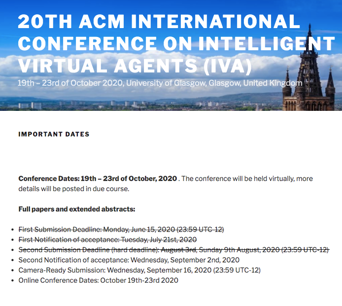 ACM_IVA's tweet photo. Well done for everyone who has submitted to #IVA2020 via the second submission round! We've received 70 submissions! 🥳🎉   Notification of acceptance date will be Wednesday, September 2nd, 2020. Good luck everyone!👍 https://t.co/QRwZySaRvS