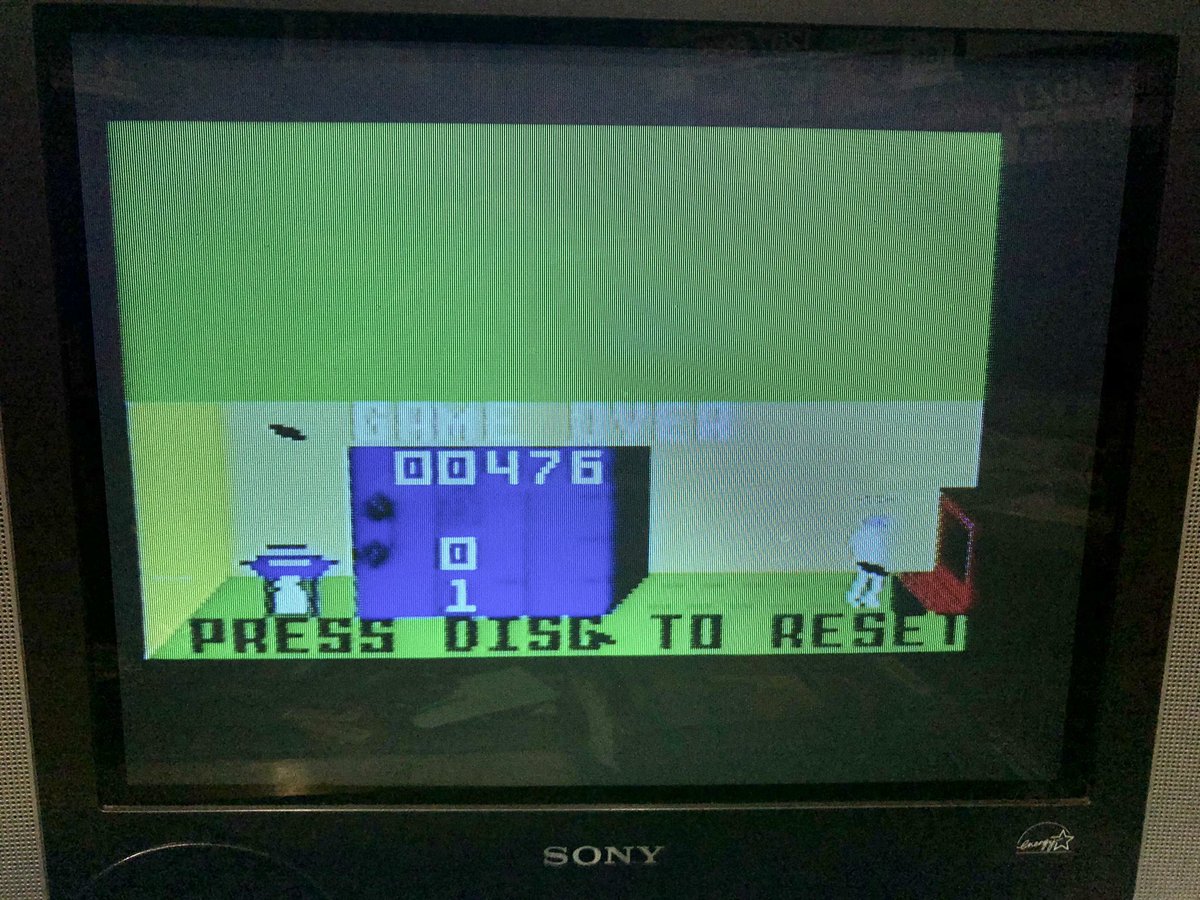 abeckett's tweet photo. Finally got around to playing Mr Basic Meets Bits’N Bytes. Wow, what a crazy game. Catching bits from the printer and throwing them into the terminal. Interesting twist with being able to program in the game (see cursor on screen). #intellivision #intellivisionecs #mrbasic https://t.co/3zDoYBe4HE