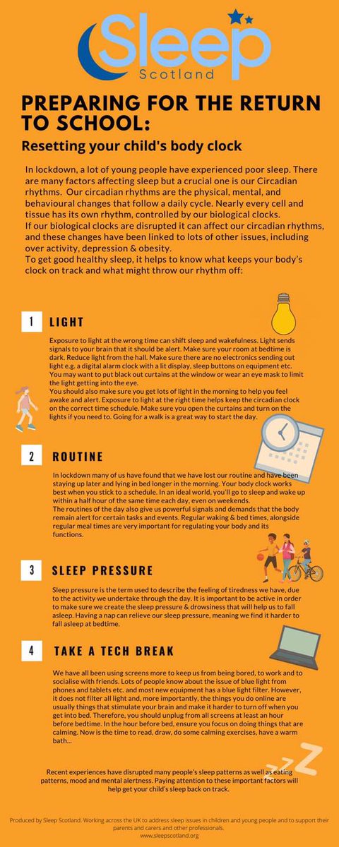 DgcLearning's tweet photo. In preparation for the return to the school routine, check out some of ideas for setting the body clock to wake up refreshed and ready to start the day.
This advice comes from Sleep Scotland.

#supportDG
#sleepscotland
#routines
#backtoschool https://t.co/YO6joY74Fl