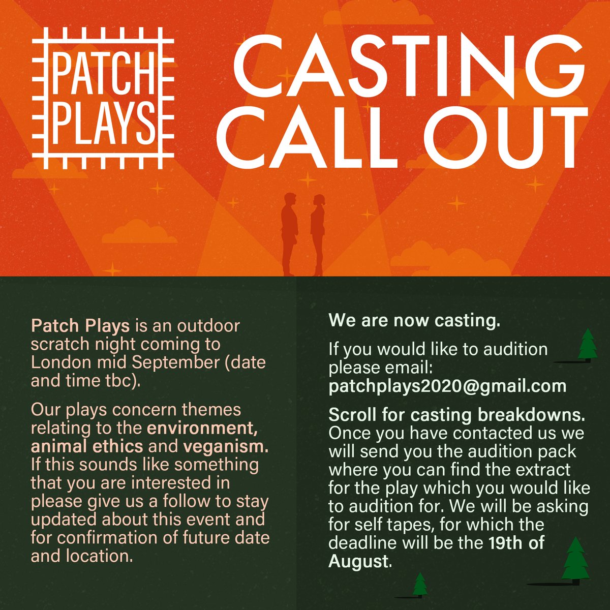 patchplays2020's tweet photo. CASTING CALL. 
Patch Plays are now casting for our upcoming scratch night. See below character breakdowns and synopsis for each play. Please email patchplays2020@gmail.com for our audition pack. @SupportBritish  @UKActorsTweetup @castingcallpro  @StarNow @LondonVegan https://t.co/LS8FvG2r1t