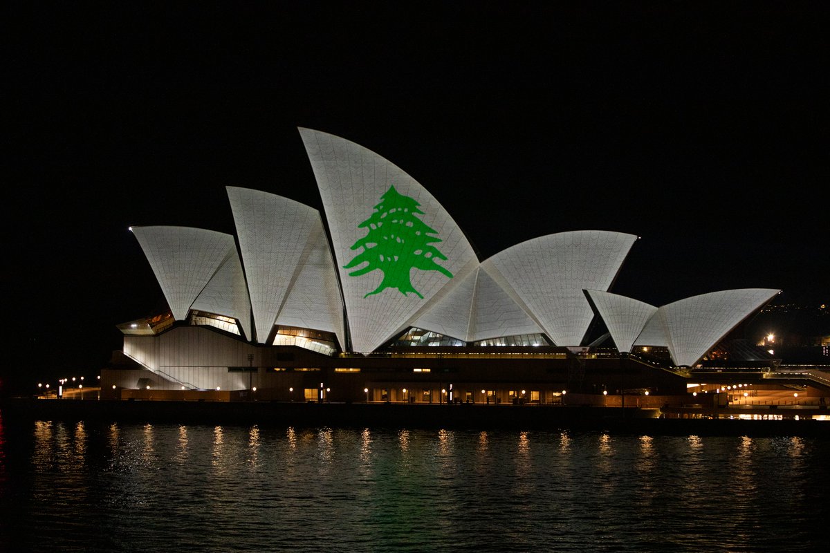 Tonight the Sydney Opera House sails were lit with the Lebanese Cedar in solidarity with the people of Lebanon following the tragic Beirut port explosion. Our thoughts and condolences are with the victims, their families, and everyone affected by this devastating event.