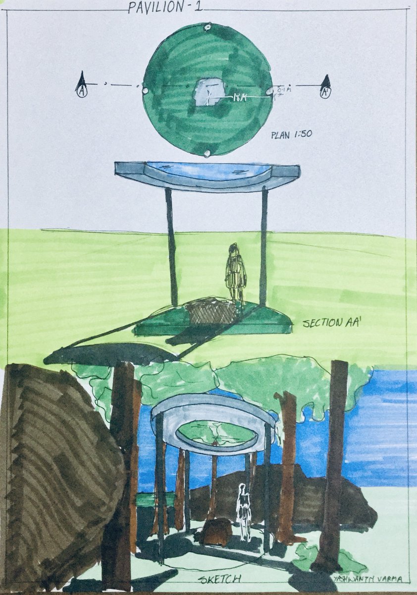 Woxsen's tweet photo. To design a space meant to be used in silence and with very little movement. A spiritual place for self-reflection. 3 pavilions and 3 pathways. Yashwanth Varma, B.Arch 1st year student sketches his design of the Pavilion 1.
#WoU #woxsenuniversity #architecture #designproblem https://t.co/8DiRlaKxlm