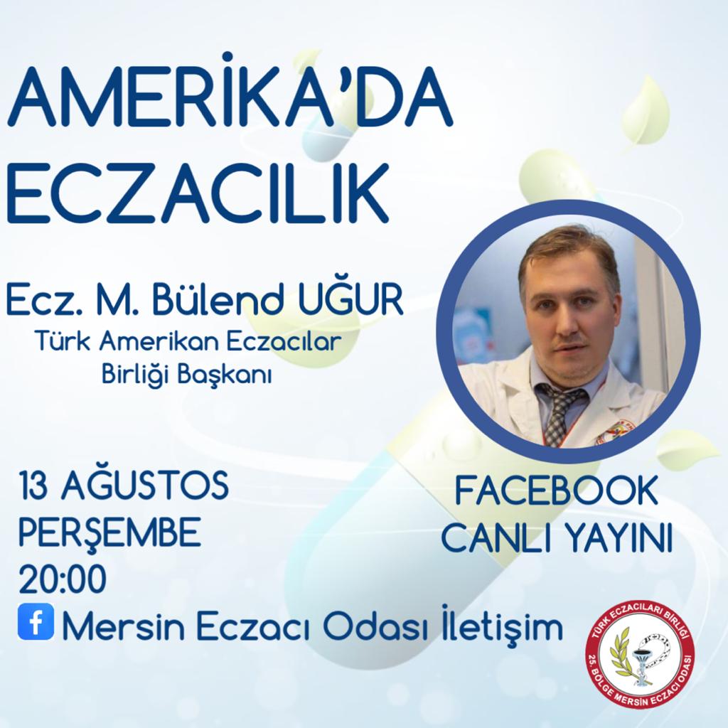 Başkanımız Ecz. Mehmed Bülent UĞUR, 13 Ağustos Perşembe saat 20.00'da Mersin Eczacı Odası'nın canlı yayın konuğu olacak! 💫
ABD'de eczacılık konulu bu canlı yayını kaçırmamanızı öneririz! ✨