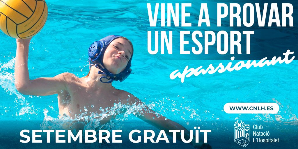 CNLHospitalet's tweet photo. Vols provar un esport apassionant? Si tens entre 10 i 14 anys i saps nedar, et convidem a conèixer el waterpolo
Envia un mail a waterpolo@cnlh.es i ens posarem en contacte amb tu perquè vinguis a provar tot el mes de setembre gratuït https://t.co/SAP9GJQtcr