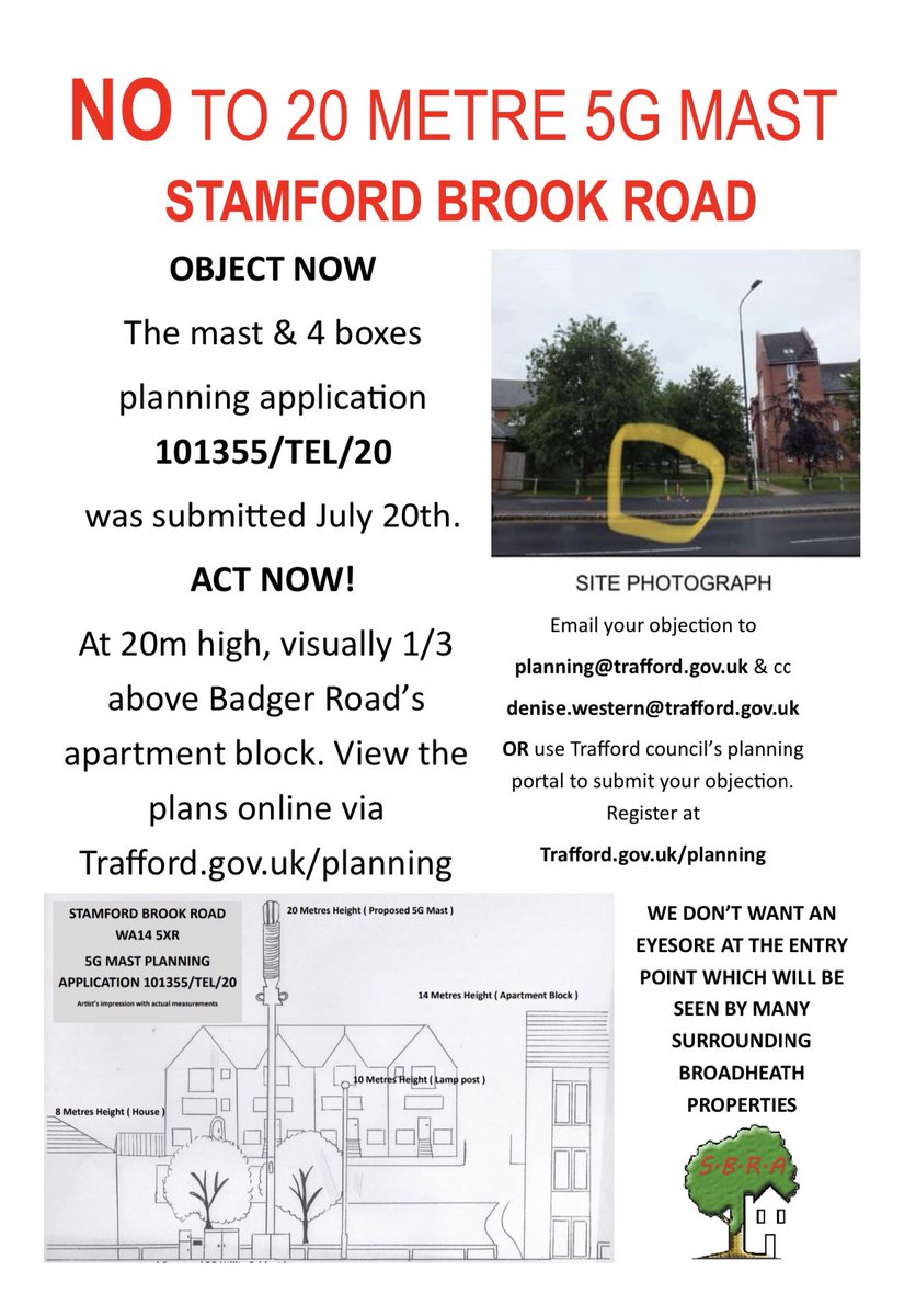 SBResidentsWA14's tweet photo. NO to 20 metre 5G mast within steps of houses. NO to obstructing a shared cycle/walk pathway NO to positioning in a Green Corridor NO to lack of consultation NO to the tallest structure locally towering over all others nearby. @BCAAlty @TraffordCollege @DeniseWestern @AmyMWhyte https://t.co/S69aTumz2O