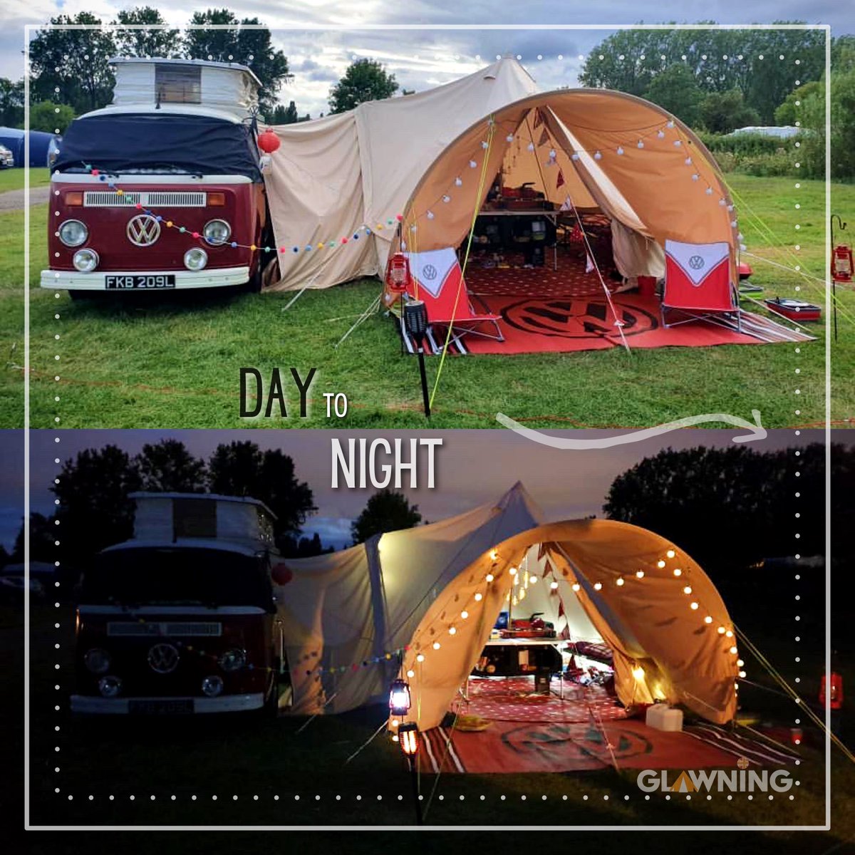 We're loving the day to night transformation of this red vintage VW set up👌 How good do those festoon lights look?✨ 

What's your favourite time of day to enjoy your Glawning?⛺️ 

📸 charlottes_life_at_no.15 on Instagram

#vanlife #belltent #awning #camping #festival