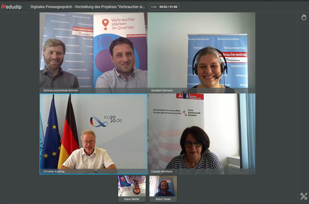 VZHB's tweet photo. Jetzt #live: #Verbraucher stärken im Quartier: Heute digitale #Pressekonferenz mit @Klaus_Mueller @vzbv @annabel_oelmann mit @BMJV_Bund Christian Kastrop &amp; Senatorin @cbernhard_HB und @AykutTasan1. Vorstellung Quartier #Bremen Schweizer Viertel #starkimquartier https://t.co/p5kLX1eI0X