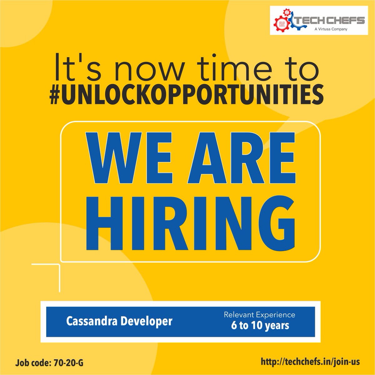 Tech_Chefs's tweet photo. #TechChefs is looking to #hire #Cassandra developers with a relevant experience of 6 to 10 years. Visit the link below for job description and details about applying for the position. 

https://t.co/BpWSrfZJNd

#UnlockOpportunities #WeArehiring https://t.co/VmLNXK9bTK