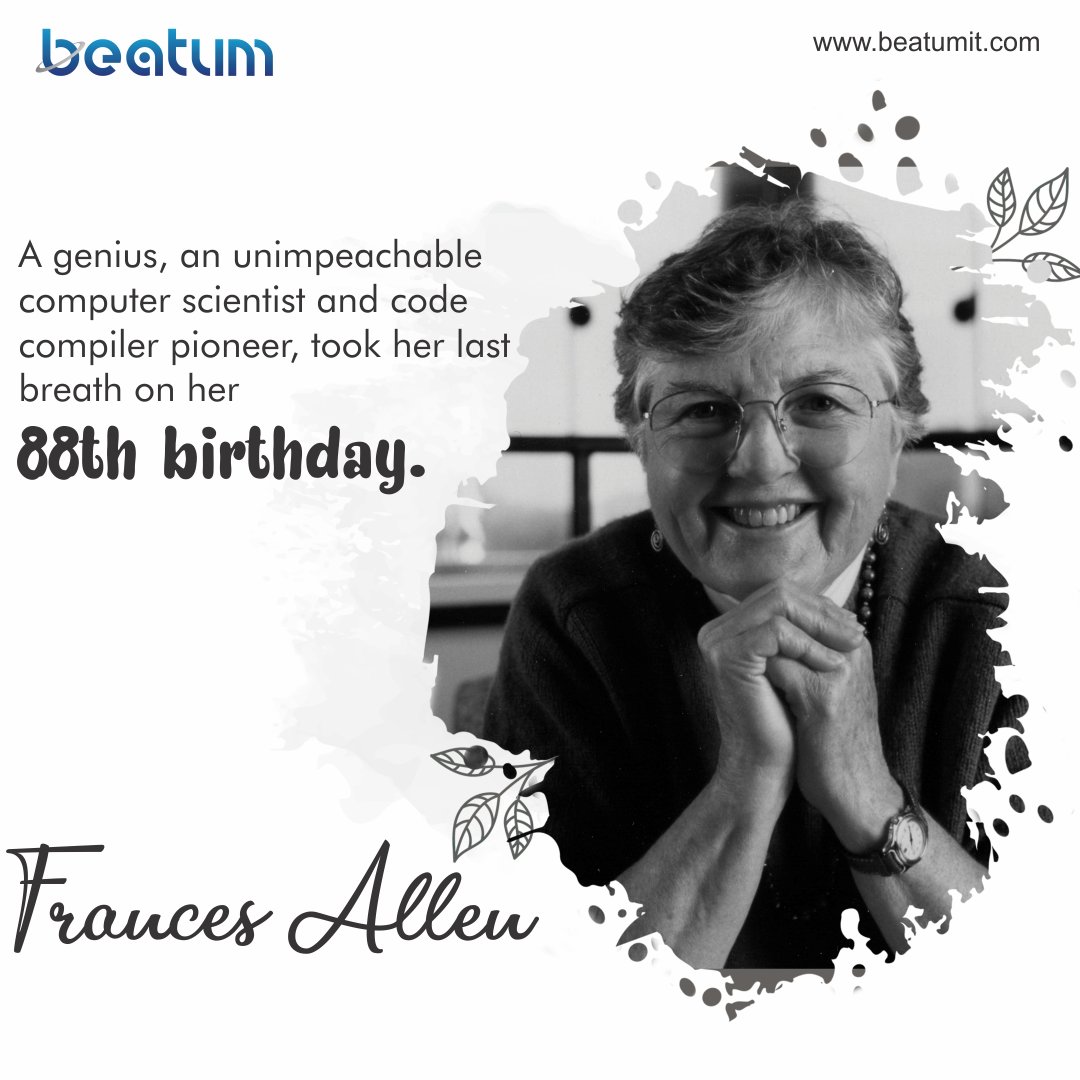 BeatumIT's tweet photo. American #computer #scientist #FrancesAllen, best known for compilers or the software that turns raw code into fast-running executables, passed away on her 88th birthday
In 2006, Allen became the first woman to win the Turing Award.
#BeatumITSolutions #tuesdayvibes #tuesdaymood https://t.co/dtyaU30bvX