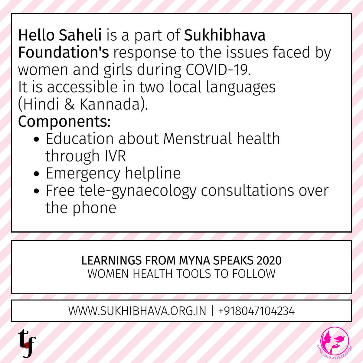 MynaMahila's tweet photo. The Sukhibhava team redesigned their existing grassroots intervention to address the critical needs of women and girls in a #COVID19 context. 

#health #helpline #tool #mynaspeaks20 #tools #service #women #woman #agenda #hellosaheli https://t.co/EbSKyzhLIl