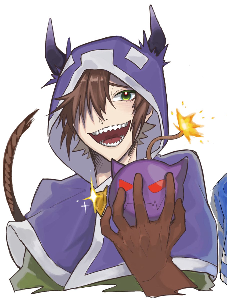 1boy male focus hood hood up solo teeth smile  illustration images