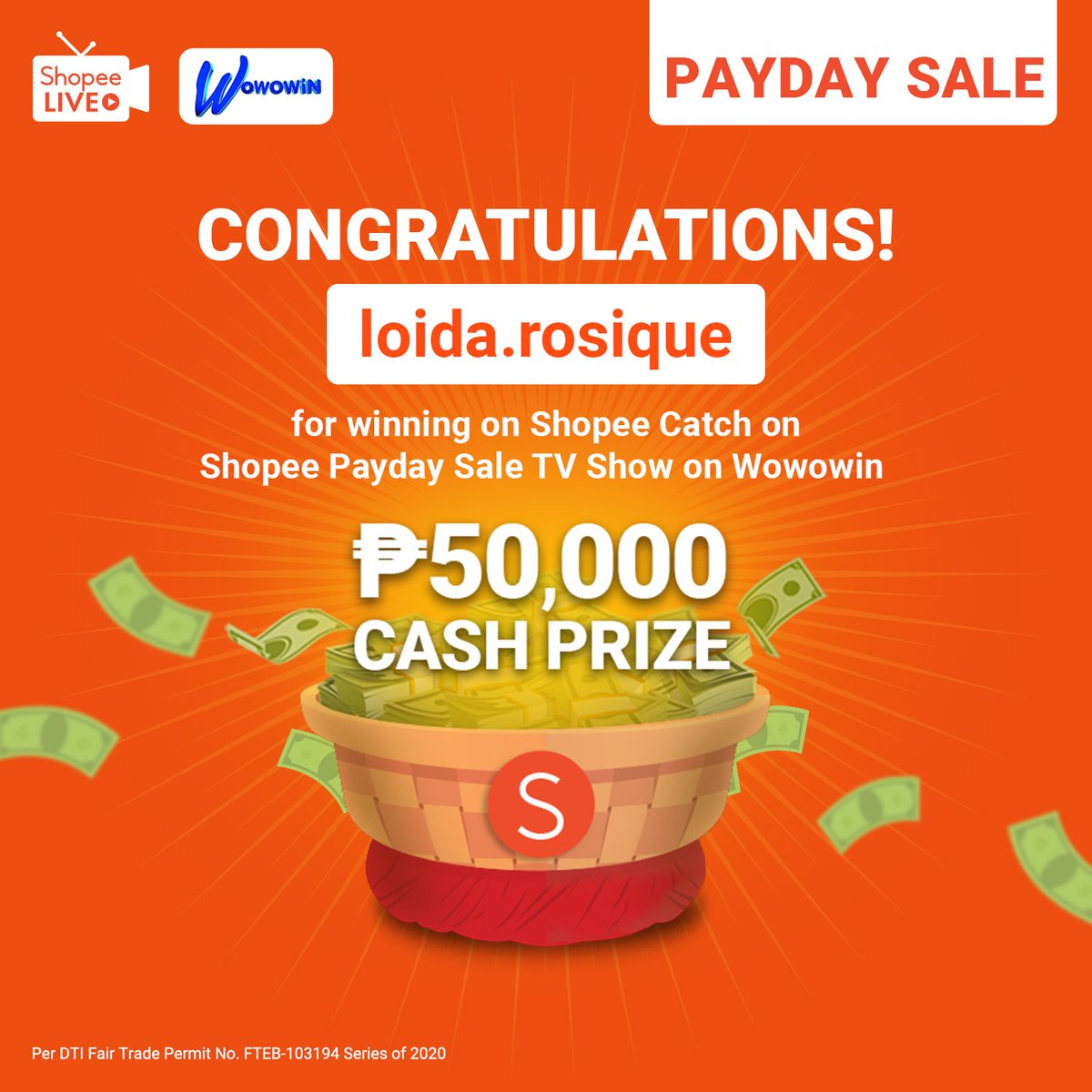 ShopeePH's tweet photo. Martes, nang ikaโy manalo sa Shopee Catch!
Magbabalik pa ang โฑ50,000 bukas hatid ng Shopee Catch. Tutok lang sa Wowowin and Shopee Live, 5PM!
#ShopeePayDaySale
#ShopeeNewNormal
Per DTI Fair Trade Permit No. FTEB-103194 Series of 2020 https://t.co/gaFIA4M201