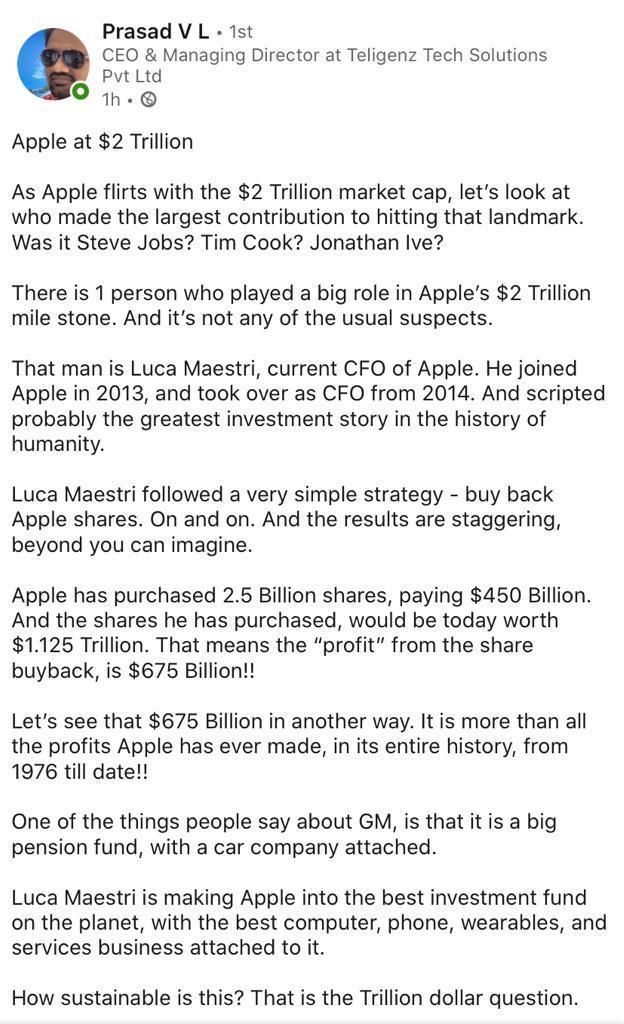 NileshShah68's tweet image. Whats app forward 
Apple bought back 2.5 billion shares at $ 450 billion cost whose market value today would be ~ $ 1.125 trillion. 
That Is a cool profit of $ 675 billion more than the cumulative profit of Apple since inception