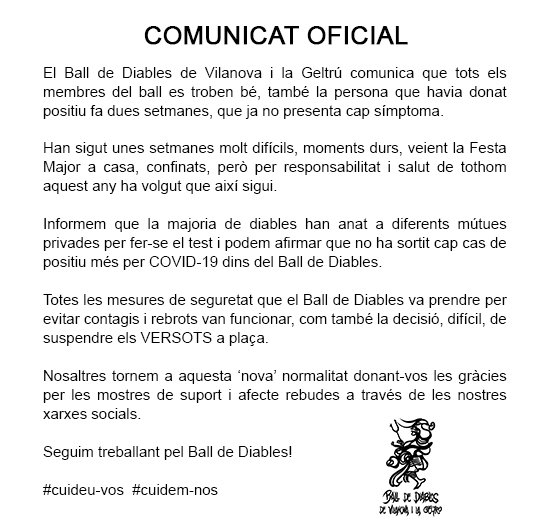 COMUNICAT OFICIAL

#cuideuvos #cuidemnos
<a href="/ajuntamentvng/">Vilanova i la Geltrú</a> <a href="/AdelMoya8/">Adelaida Moya Taulés</a> <a href="/fmvng/">Festa Major Vilanova i la Geltrú</a> @PabordesVNG