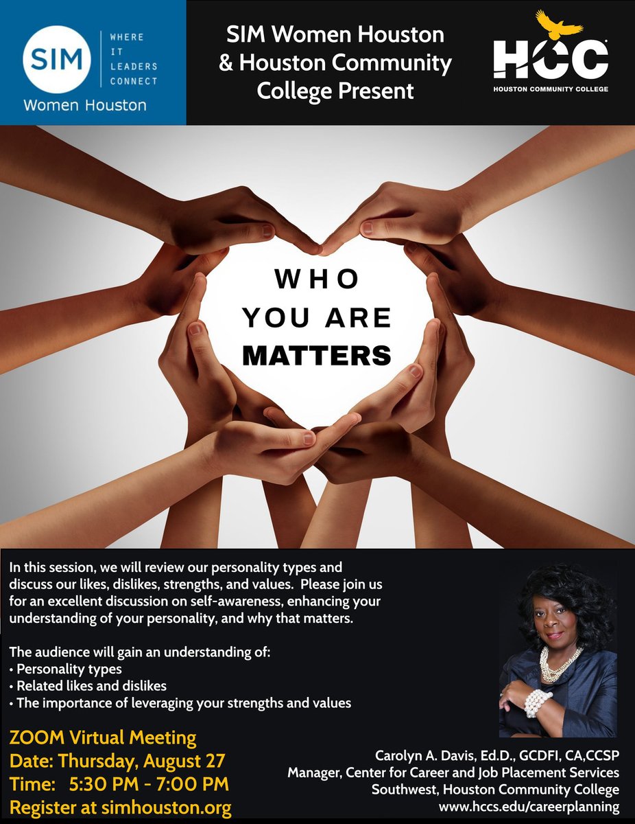 SIM_Houston's tweet photo. Join SIM Women Houston for our August meeting. Hear Dr. Carolyn A. Davis speak on the topic "Who You Are Matters". This meeting will be held on August 27 from 5:30 pm to 7:00 pm. Register at https://t.co/TgCgr4IMwf

#womenleaders #networking #simhouston #itleaders #cios #ctos https://t.co/ibheYRJ0AB