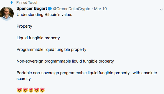 Carl_Kruse's tweet photo. I often refer back to this tweet by Spencer Bogart regarding the value proposition of #Bitcoin.  I would addthe properties of non-seizable and non-falsifiable. https://t.co/CPtHlmh2zP