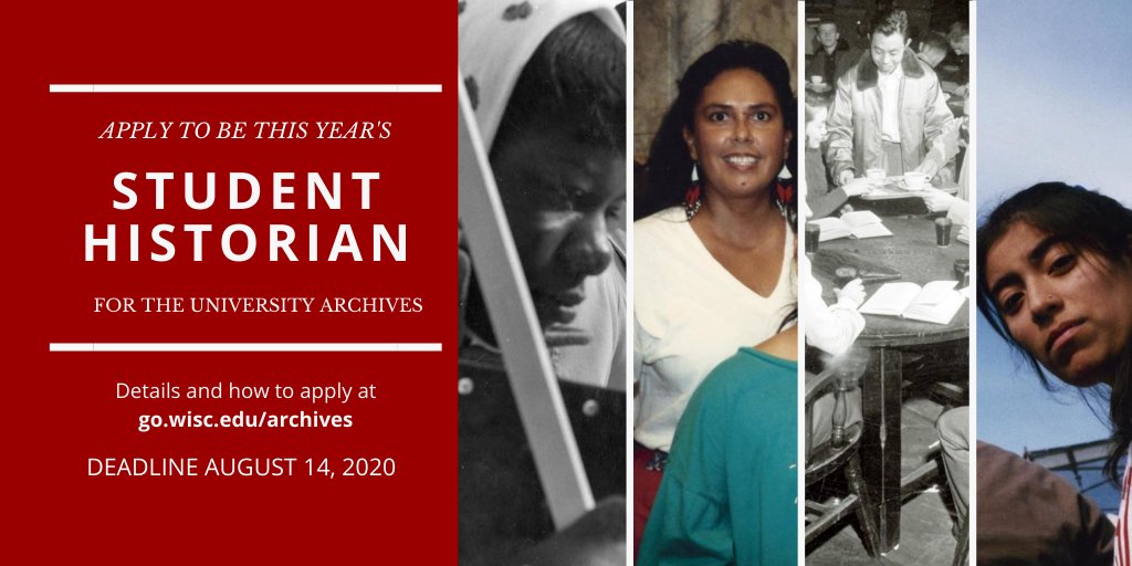 UWMadArchives's tweet photo. Deadline is this Friday, August 14, 2020! YOU can be Student Historian in Residence for the University Archives. Get paid to do meaningful research on campus history. Visit https://t.co/bGaMGTOEpQ for details. Contact us with questions!
#studenthistorians #uwmadison https://t.co/tEGbCwqXyc