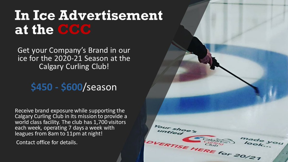 calgarycurlclub's tweet image. We are accepting in ice advertising partners for the upcoming season! Contact us at 403-283-8381 or info@calgarycurlingclub.com for more details. #supportcurling #supportyourcurlingclub #advertising