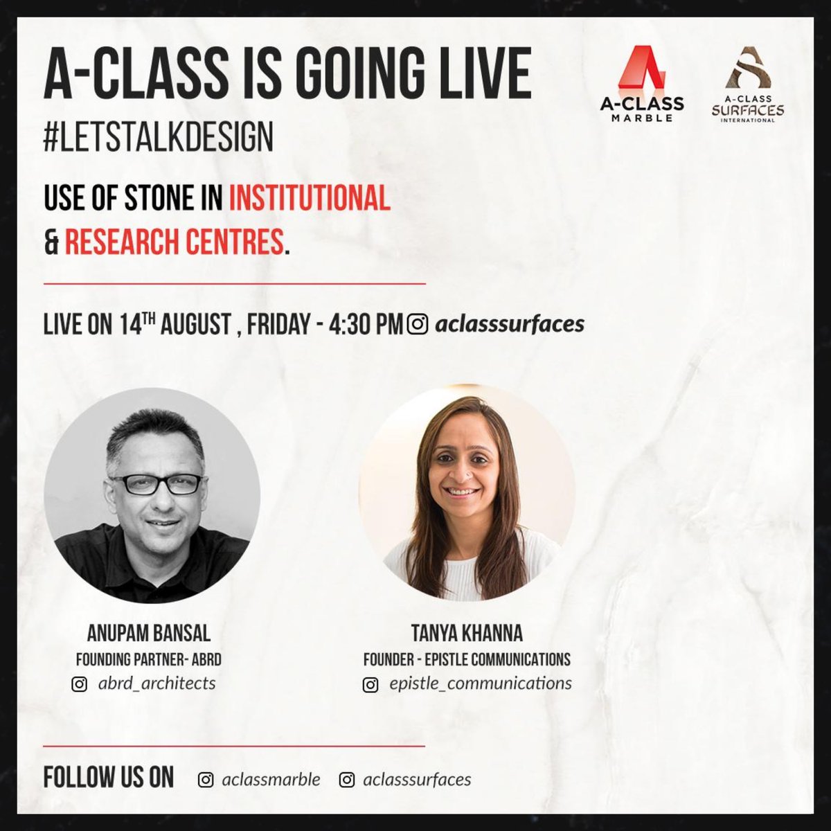aclassmarble's tweet image. #LetsTalkDesign - Anupam Bansal is the co-founder of ABRD Architects, Delhi that specialises in Educational Institutions and Research and Development Facilities &amp;amp; will be live on Instagram @aclasssurfaces

#letstalkdesign #sustainable #sustainablestone #marbleworld #marbletrends
