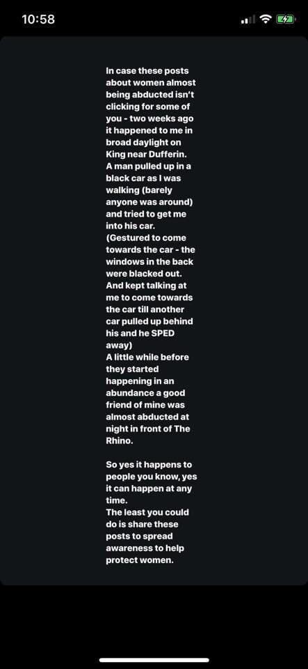 fckincasual's tweet photo. toronto pals please be really careful, many abduction attempts happening in the west end. hit me up and i will call you an uber, pls don’t walk alone at night https://t.co/2ROfHoMGQZ