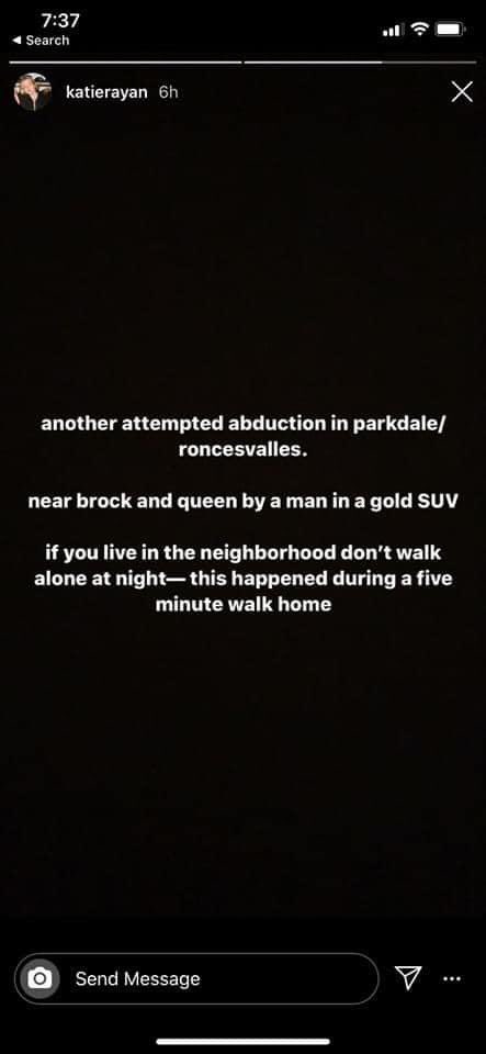 fckincasual's tweet photo. toronto pals please be really careful, many abduction attempts happening in the west end. hit me up and i will call you an uber, pls don’t walk alone at night https://t.co/2ROfHoMGQZ