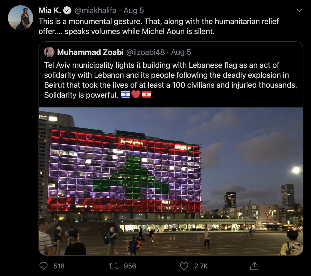 Initial hours after the blast at Beirut port (marfa'a), Mia 1) blamed Hezbollah 2) retweeted Saudi state propaganda (Al-Arabiya) that blamed Hezbollah for the blast without evidence. Later, she 3) cheered Macron's intervention 4) celebrated Israel's PR gestures as "monumental".