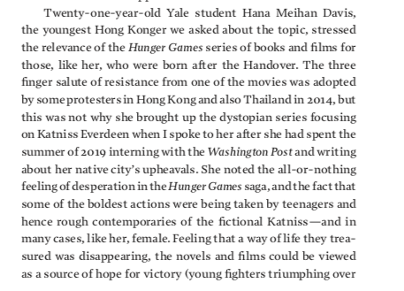 Hong Kong protests/Hollywood cont.; when  @XLHawkins & I asked activists & others in 2019 to name a novel or movie relevant to Hong Kong's situation, one brought up "Titanic," another the "Hunger Games"/screen shots of parts of pages 20 & 21 of Vigil: Hong Kong on the Brink here