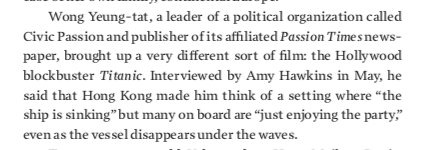 Hong Kong protests/Hollywood cont.; when  @XLHawkins & I asked activists & others in 2019 to name a novel or movie relevant to Hong Kong's situation, one brought up "Titanic," another the "Hunger Games"/screen shots of parts of pages 20 & 21 of Vigil: Hong Kong on the Brink here