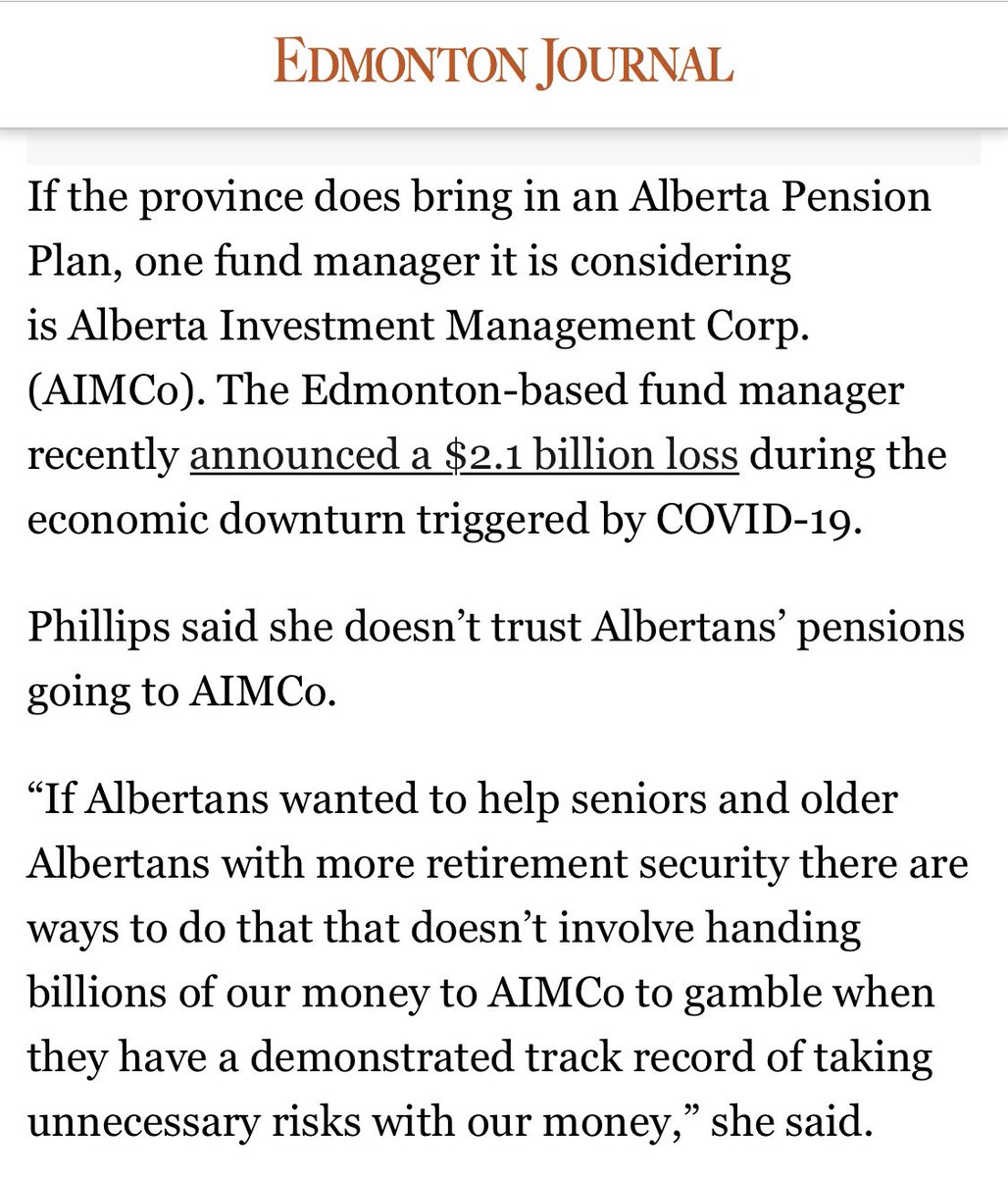 Did you campaign on stealing public sector pensions from where they were safely invested, to invest them- without pension holders’ approval and to great outcry- with AIMCo instead, a fund manager which then suffered a $2.1 billion loss? I don’t remember that being in the plan.