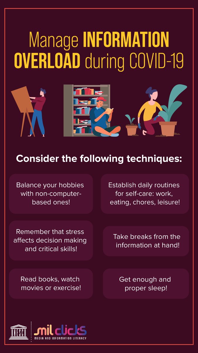 MILCLICKS's tweet photo. How to cope with information overload during the #COVID19 pandemic? Here are some tips. #MILCLICKS #ThinkBeforeClicking https://t.co/swebqZM5D6