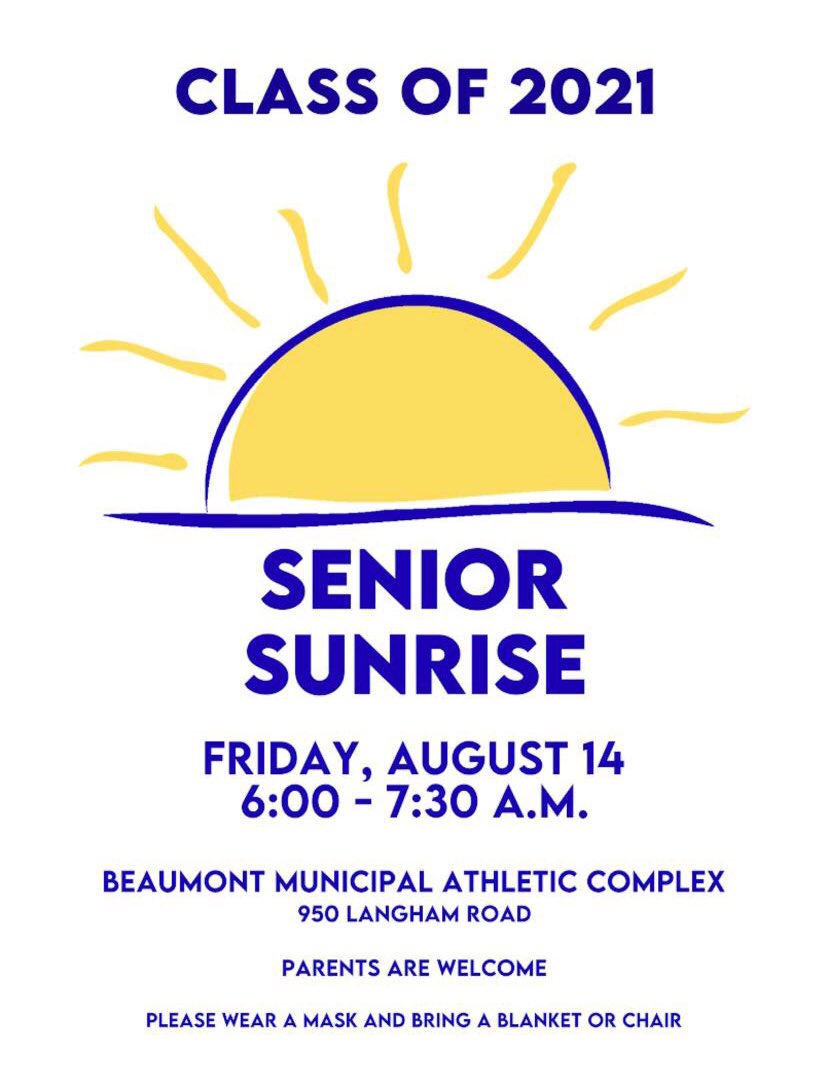 Seniors! Senior Sunrise is this Friday at the Beaumont Municipal Athletic Complex. It would be much appreciated if seniors can send 4 pictures of themselves to <a href="/CameronPhelan3/">Cameron Phelan</a>. Hopefully all can attend! Go Dawgs🐶