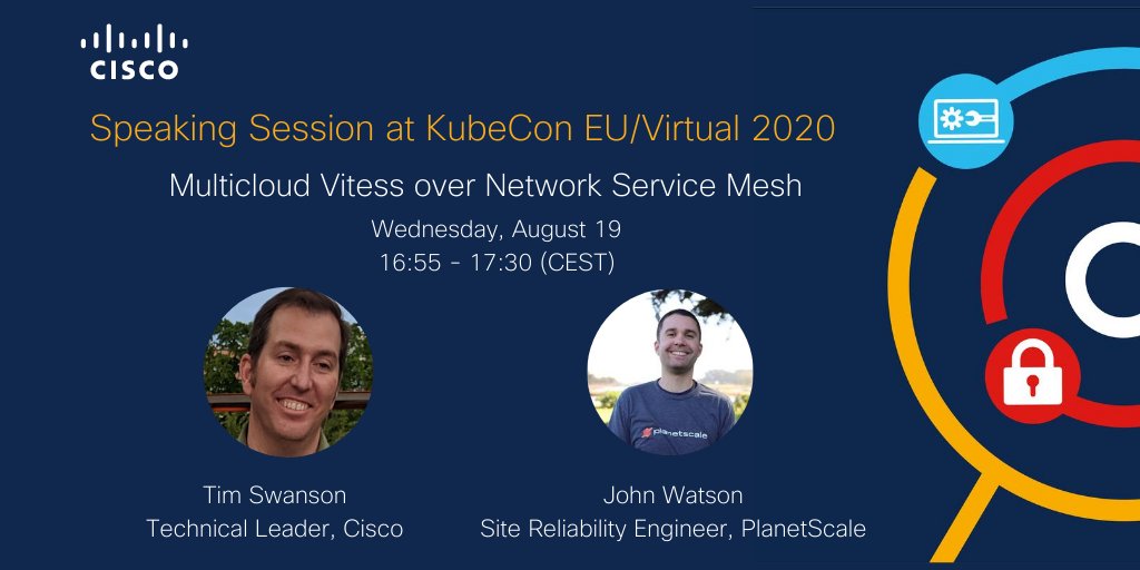 CiscoCloud's tweet photo. Map out your schedule and mark your calendars. Cisco session on using #NetworkServiceMesh to create a private L3 network between #Kubernetes clusters to seamlessly deploy multiple #Vitess cells across them. https://t.co/WvIxcjfoJd https://t.co/TiGoQe5AFv