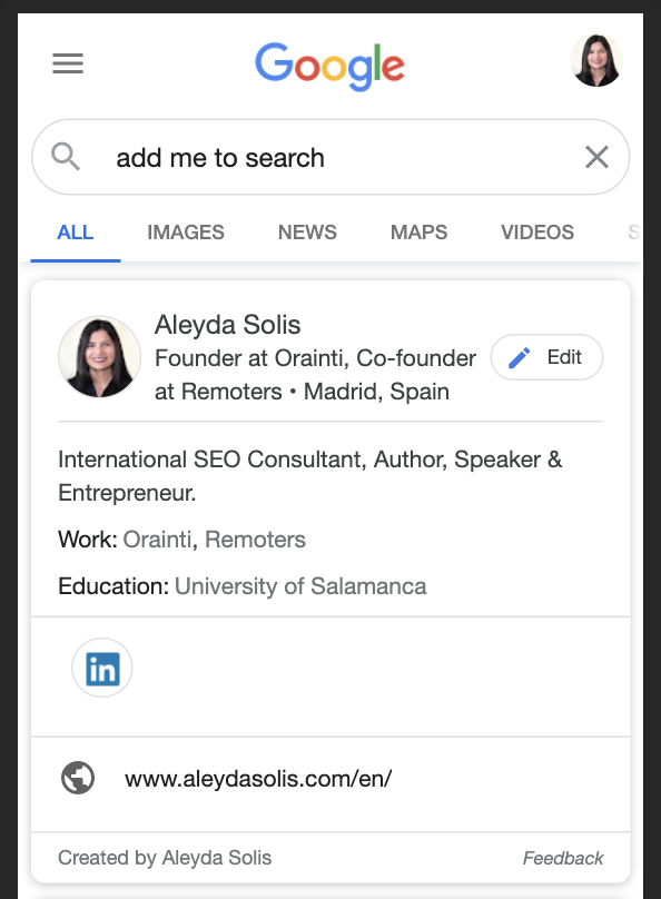 aleyda's tweet photo. Got my People Card on Google...  funnily, when specifying my social presence in Twitter or Facebook I got an error saying to try something more specific 😅 https://t.co/1QGkyggdtb