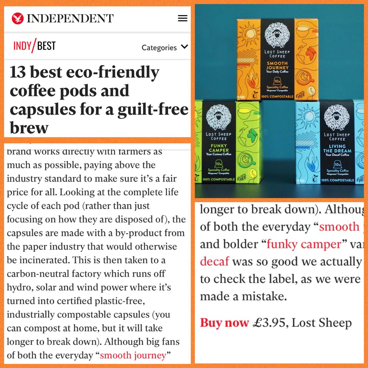 We made the "13 best eco-friendly coffee pods and capsules for a guilt free brew" list by The Independent! Shop our fully compostable, oil based plastic free capsules here: ow.ly/XT1J30r3Ozi #lostsheepcoffee #coffeecapsules