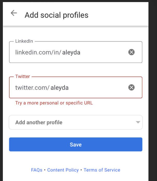 aleyda's tweet photo. Got my People Card on Google...  funnily, when specifying my social presence in Twitter or Facebook I got an error saying to try something more specific 😅 https://t.co/1QGkyggdtb