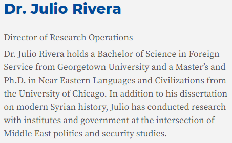 3. Julio Rivera is a paid employee at Yaqeen who is Director of Research Operations.Who is Julio Rivera? According to Yaqeen's website:"...Julio has conducted research with institutes and government at the intersection of Middle East politics and security studies."