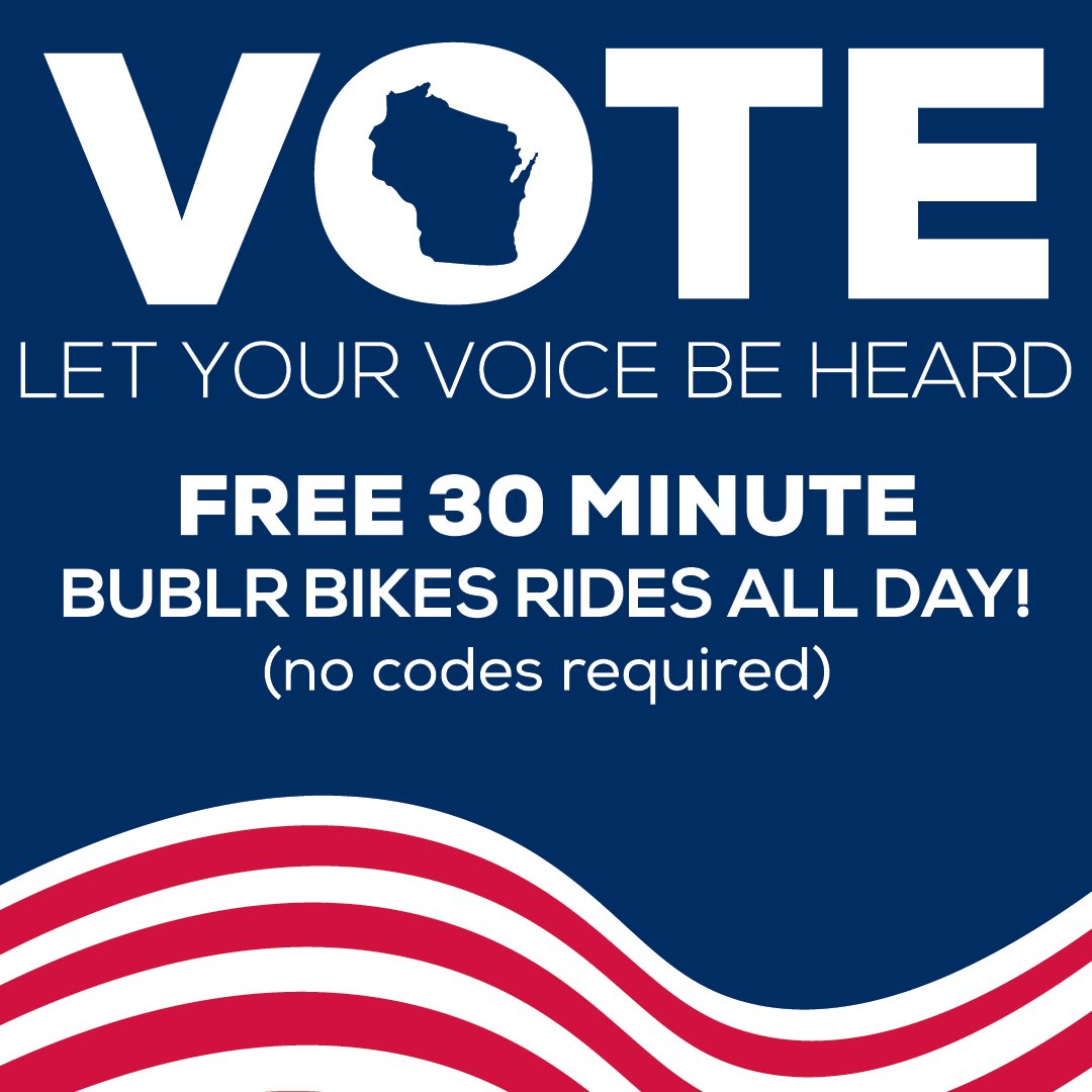 BublrBikes's tweet photo. 1/2 FREE Rides on Election Day, Today!
Polls opened at 7 a.m. and close at 8 p.m. in Wisconsin. If you are in line by 8 p.m., you will be allowed to vote.
Find your polling place here:
https://t.co/ukhOSkU2b8
Continued.... https://t.co/DDFV6h8YTk