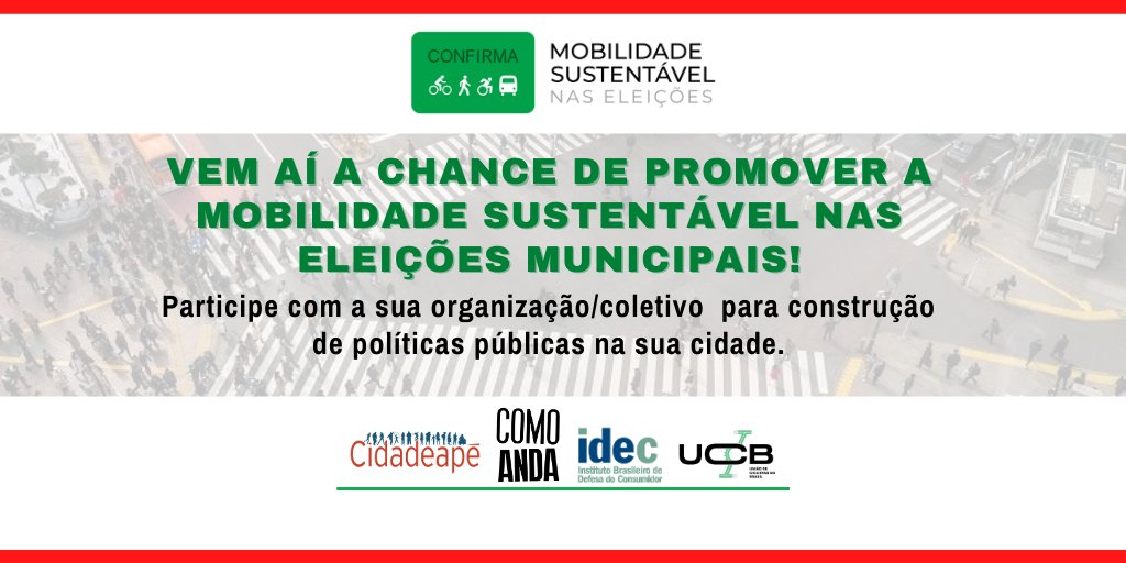ucbrasil's tweet photo. A UCB, @idec @cidadeapesp Como Anda estão promovendo a  Campanha Mobilidade Sustentável nas Eleições. Vamos fazer essa pauta acontecer? 
Participe, faça a pré-inscrição aqui: https://t.co/Ezuz5hAKY7 

#Eleições2020 #MobilidadeSustentávelnasEleições
#ComoAnda #IDEC #UCB #Cidadeape https://t.co/Ig7sdZgu3J