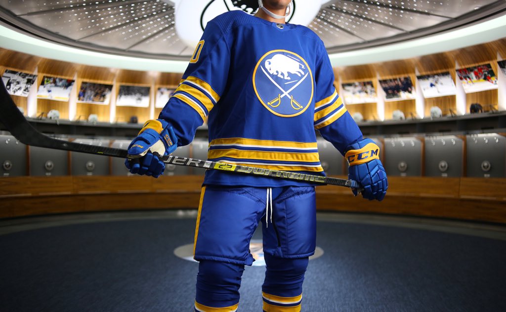 TheChargingBUF's tweet photo. FIRST LOOK: Royal Blue is BACK! 

The Sabres new home and road uniforms 🔥 https://t.co/Jpfb32m7qf