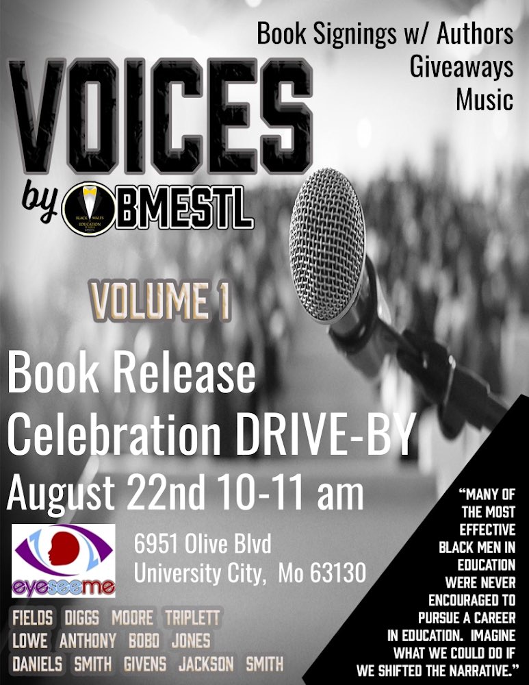 Come and support Voices by BMESTL Volume 1 at <a href="/eyeseeme/">eyeseeme</a> on Saturday, August 22 from 10-11am! This drive-by celebration will include book signings, prizes, and music! #VoicesBME #bmestl