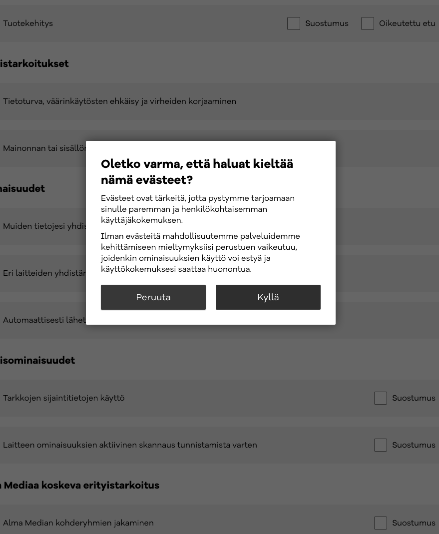 ristkari's tweet photo. Regarding my previous tweet. @AlmaMedia_FI wtf is this shit? You need to individually click your partners and your own stuff so that you won’t be tracked after which you get couple of confirmations and whining about “makes your content worse”. This is BS https://t.co/rmgDF5jEa1